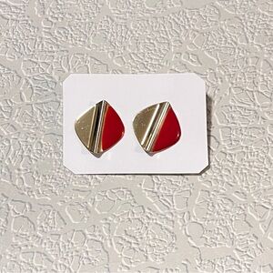 Vintage Red and Gold Geometric  Enamel and Metal Pierced Earrings